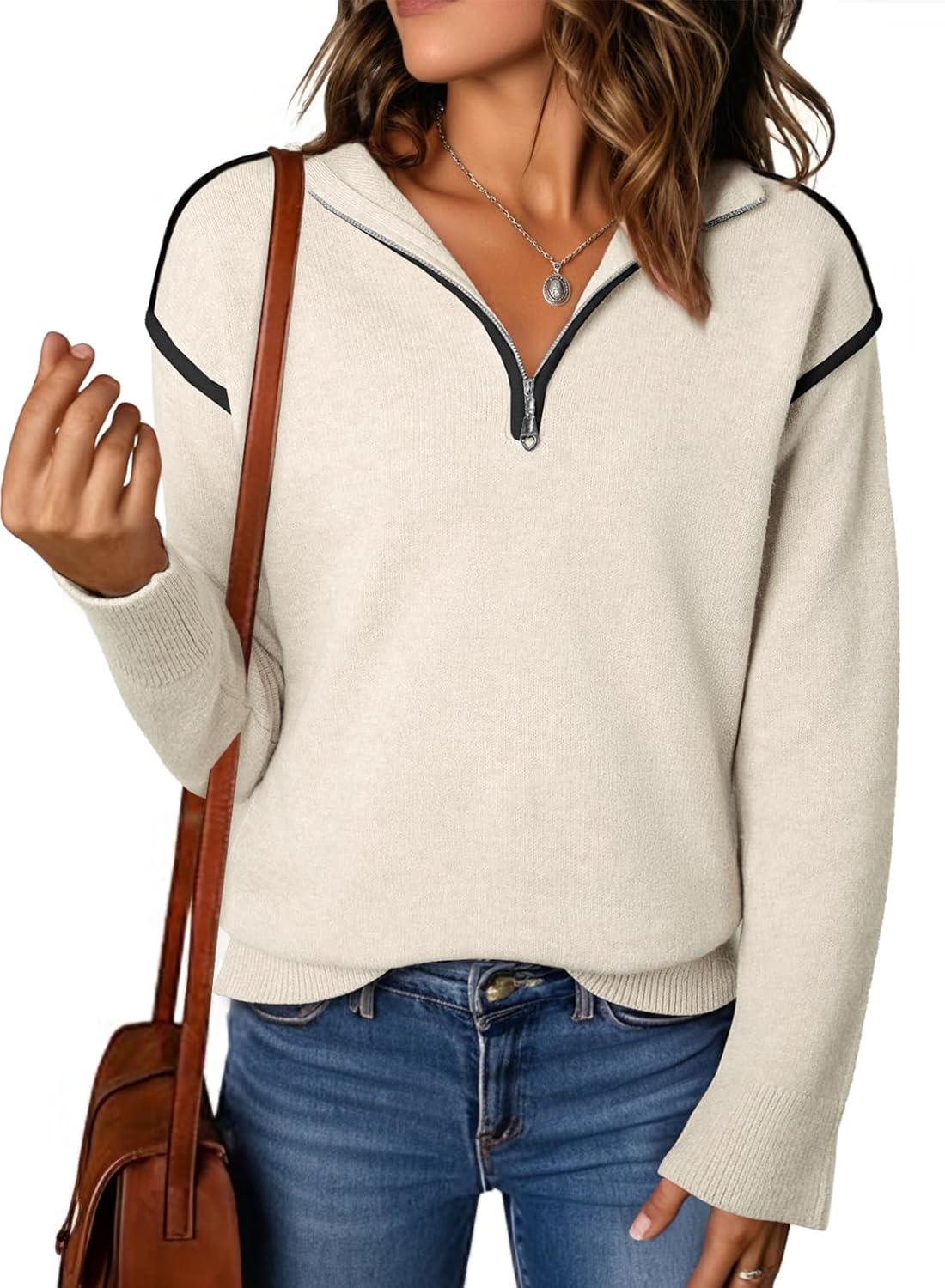 EVALESS Womens Sweaters V Neck Long Sleeve Quarter Zip Collared Ribbed Knit Dressy Casual Pullover Sweaters Outfits