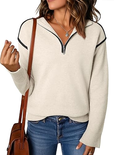 EVALESS Womens Sweaters V Neck Long Sleeve Quarter Zip Collared