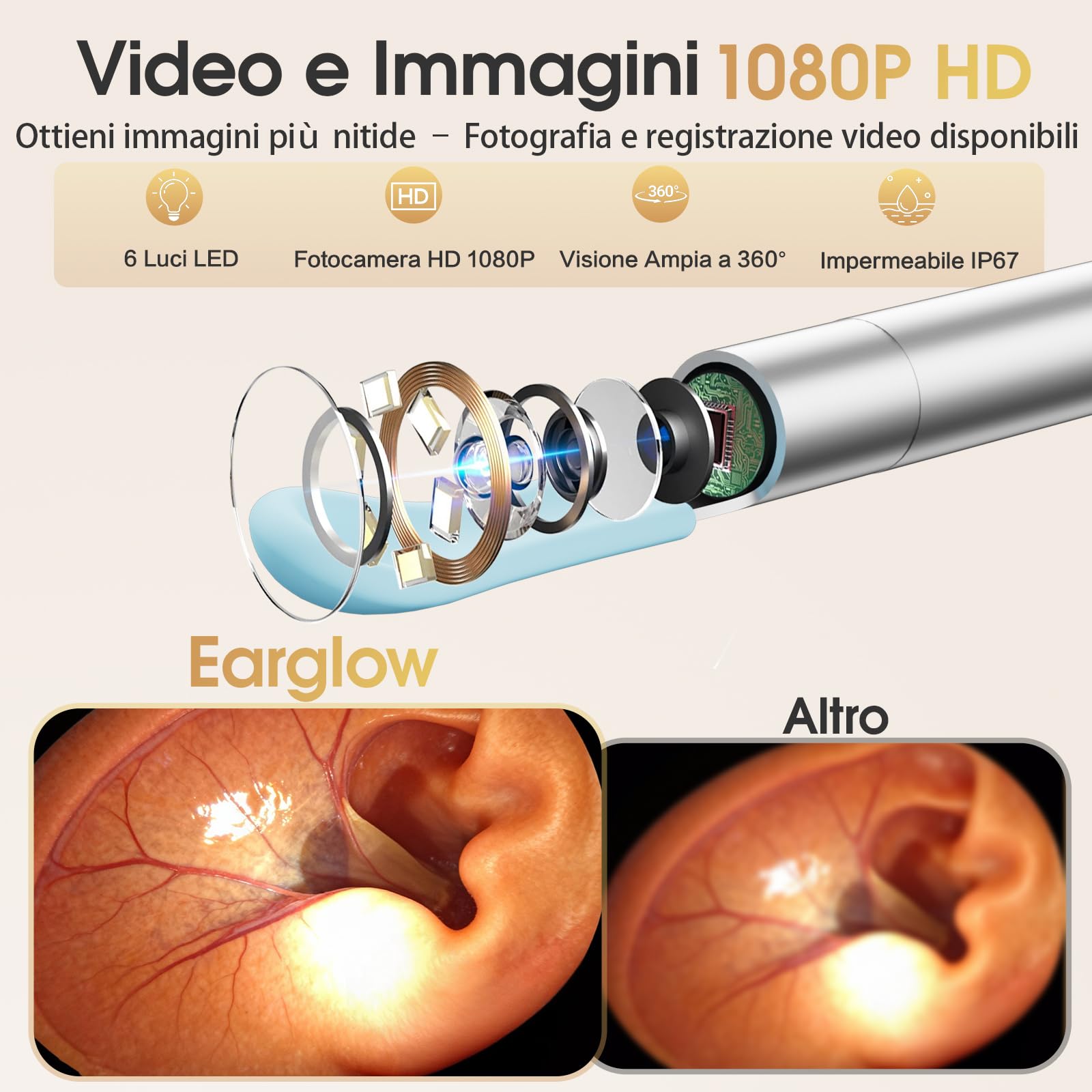 Otoscope Oreille Tondeuse Nez 2 en 1, Nettoyeur Oreille Camera 1080P HD Wifi avec Reconnaissance IA du Tympan, Kit Nettoyage Oreille Étanche IP67 pour Adultes et Enfants