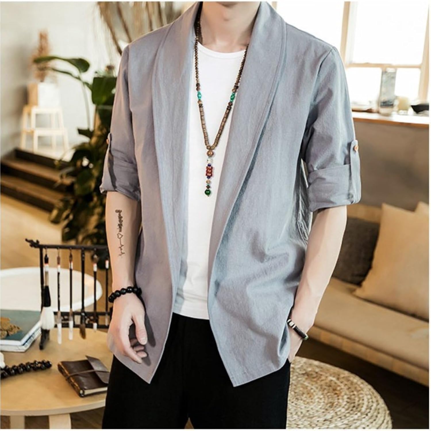 Mens Fashion Cardigan Jackets Long Sleeve Loose Jackets Lightweight Cotton Linen Blends Jackets