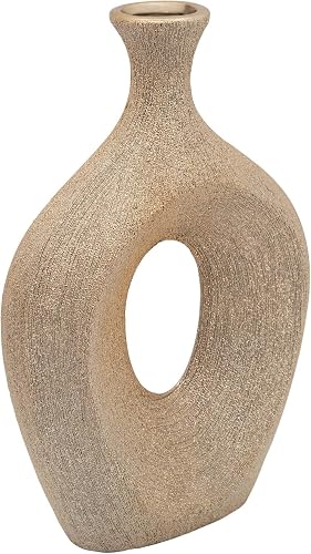 Scratched Oval Decorative Vase with Cut-Out – Ceramic Decorative Vases for Home Decor – Modern Centerpiece Flower Vases for Living Room, Bedroom & Office – 13", Gold