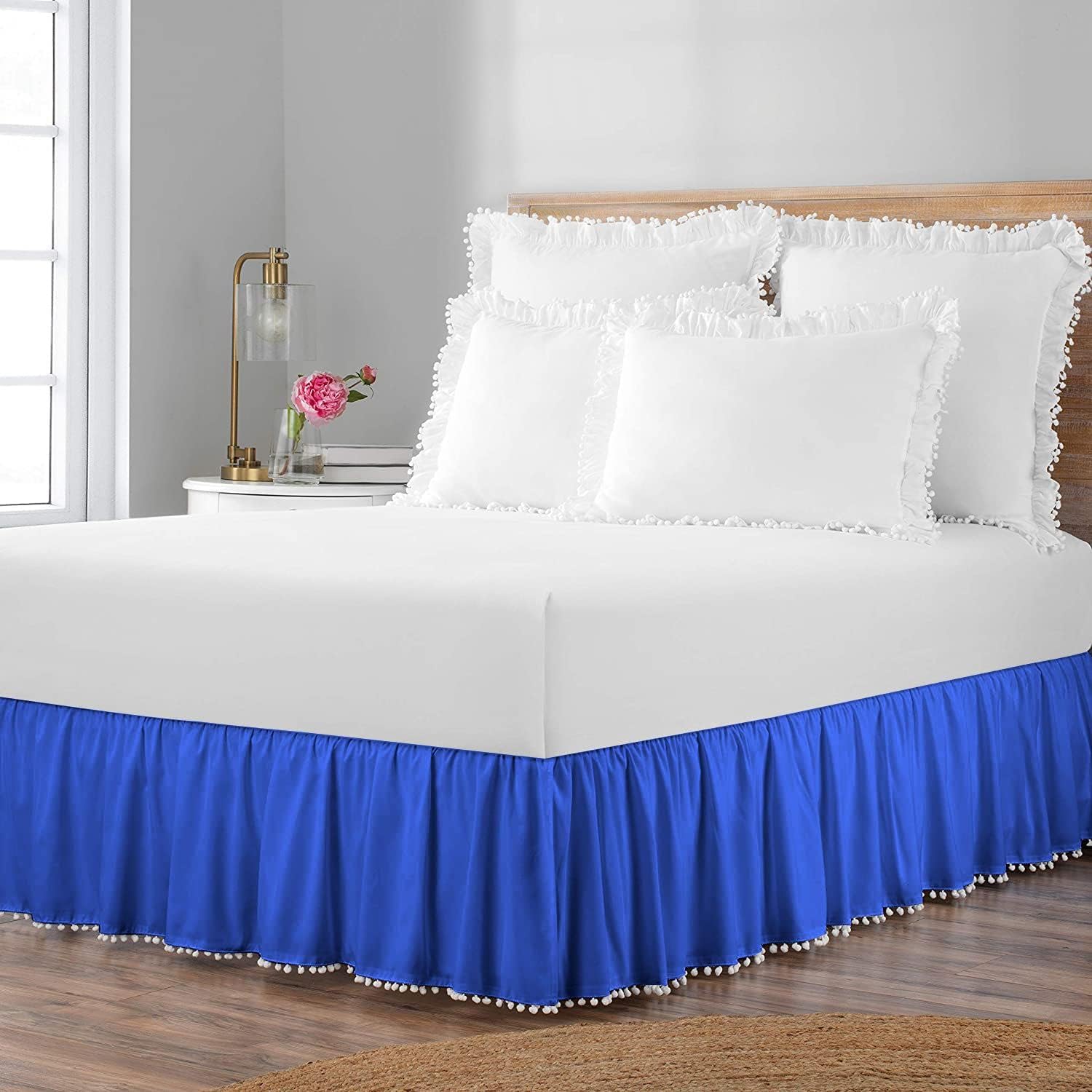 600-TC King Size Egyptian Cotton Pom Pom Bed Skirt Three Sided Wrap Around with Easy Fit Elastic 14" Inch Drop Length Dust Ruffled Pom Pom Design Bed Skirt (King Size Baby Pink Solid)