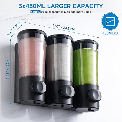 Miniatura 3 de Dispensador de champú y acondicionador, dispensador de ducha de 3 cámaras, sin taladro, dispensador de champú para ducha, montado en la pared,