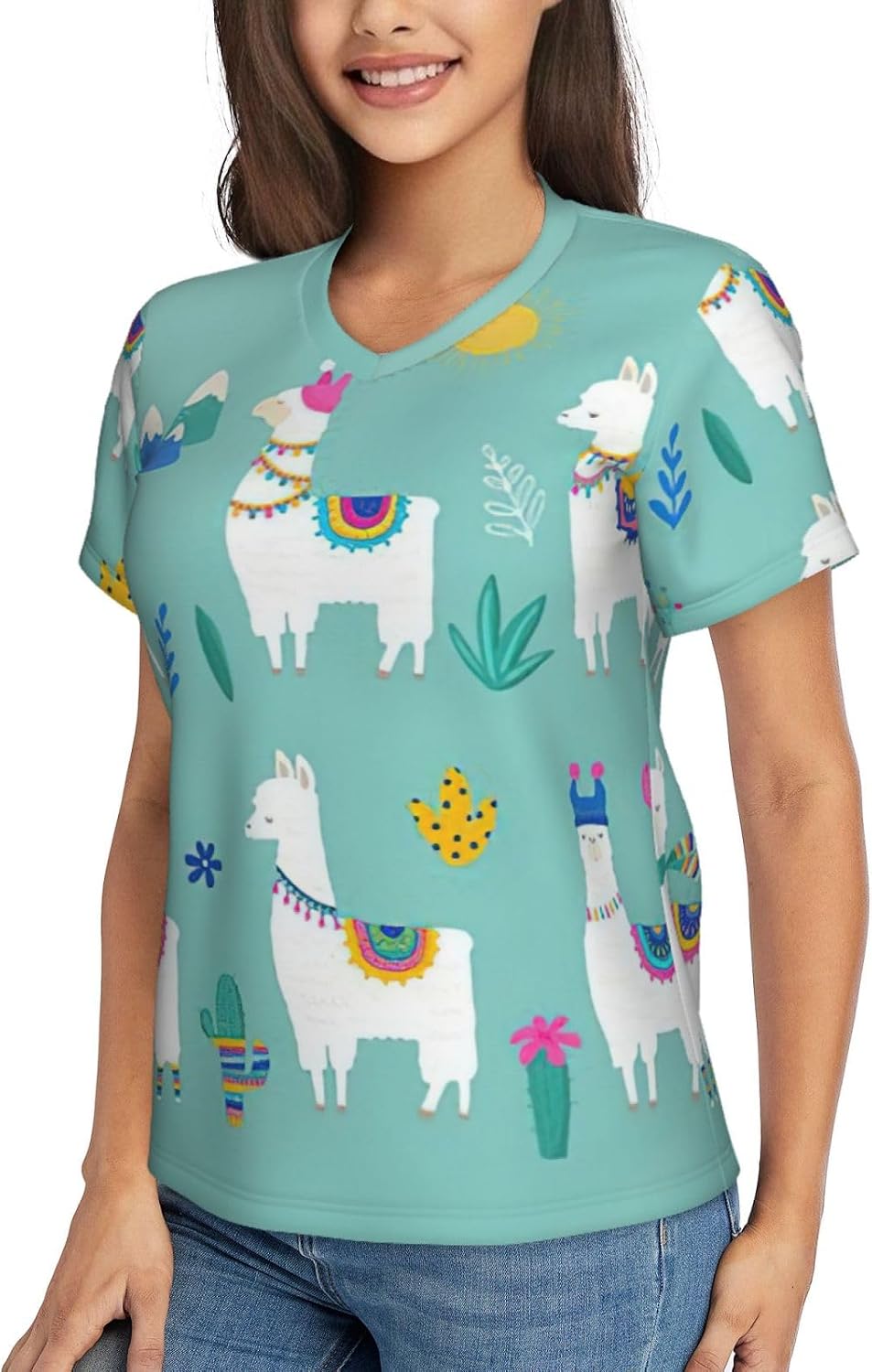 Women Casual Alpaca Llama Print V-Neck T-Shirt Short Sleeve Summer Trendy Tops.