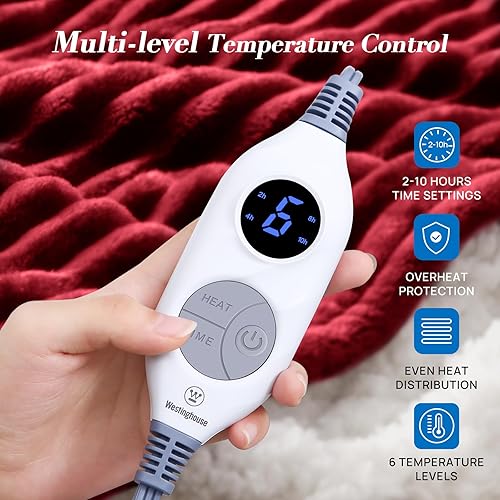 Miniatura 2 de Westinghouse Manta térmica, manta eléctrica Sherpa de franela suave con 6 niveles de calefacción y apagado automático de 2 a 10 horas, calentamiento