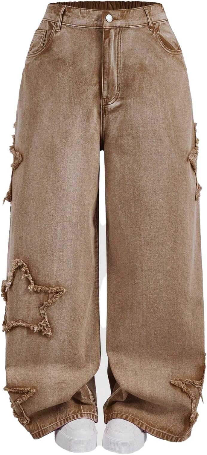 High Waisted Wide Leg Jeans, Heart Pattern Distressed Denim, Blue Wash