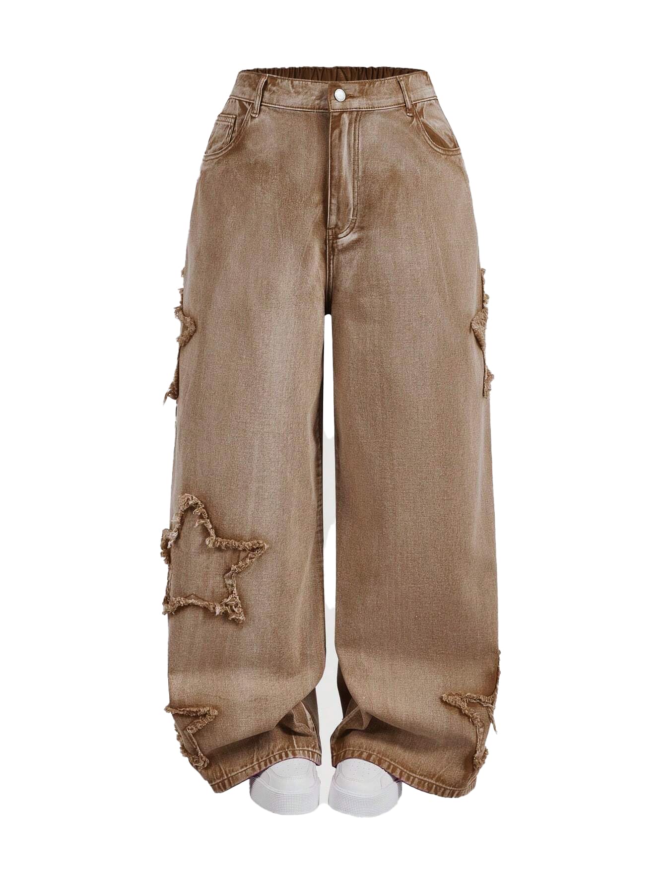 High Waisted Wide Leg Jeans, Heart Pattern Distressed Denim, Blue Wash