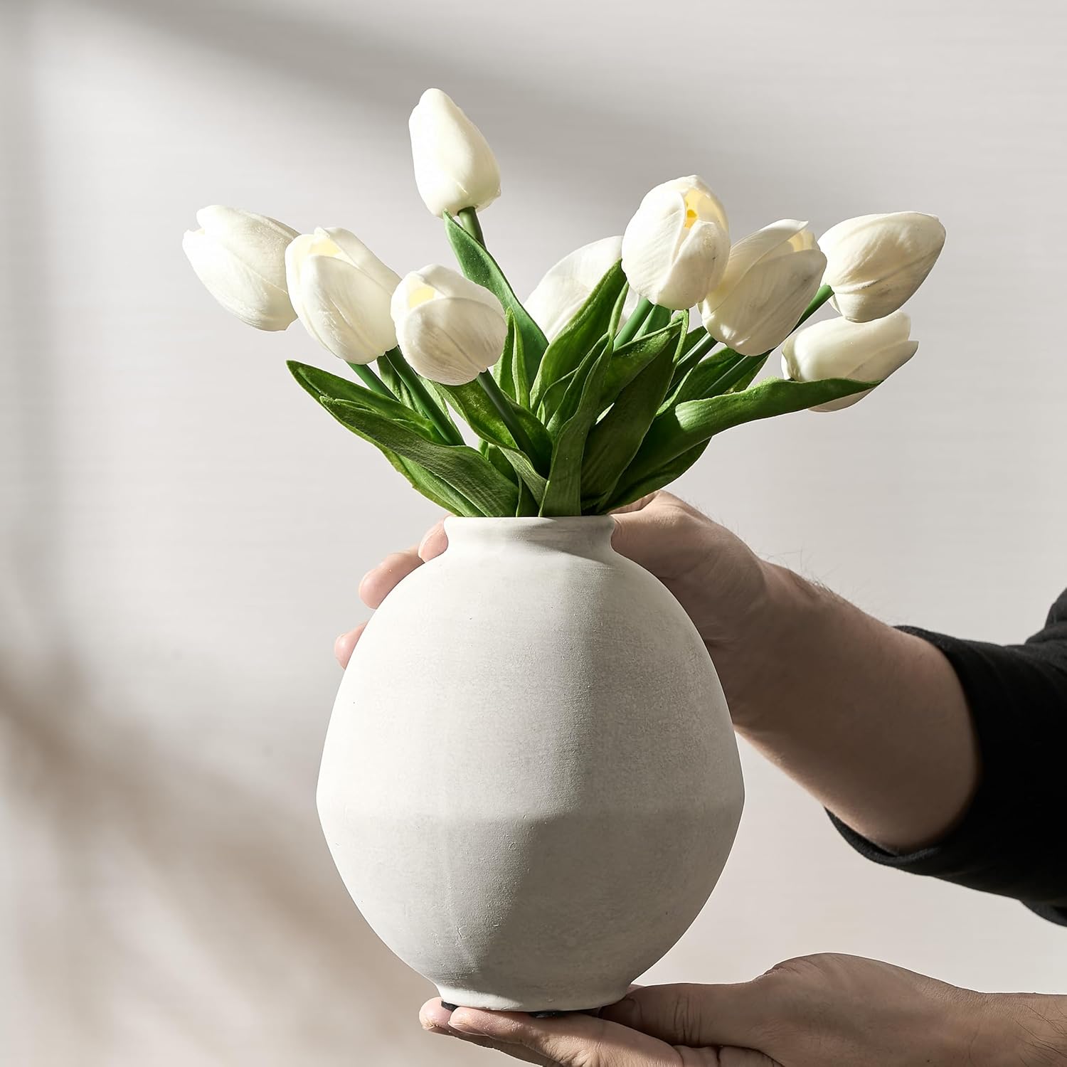 Ceramic Flower Vase, 6.22 Inch Rustic Farmhouse Vase Home Decor, Handcrafted Vintage Pottery Vase, Small Terracotta Vases for Living Room, Table, Shelf, Fireplace, Off-White - Image 4