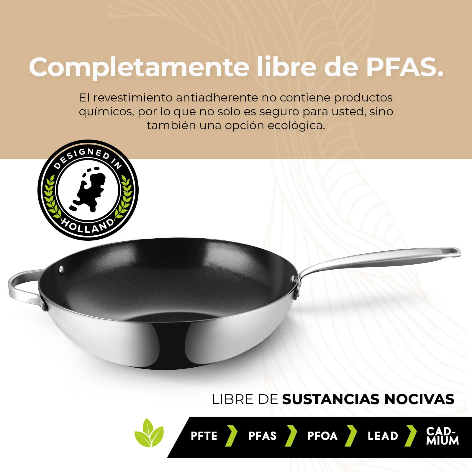Be Living Sartén wok de acero inoxidable – Ø 32 cm – cerámica – inducción – sin PFAS, antiadherente – sartén – serie Essential