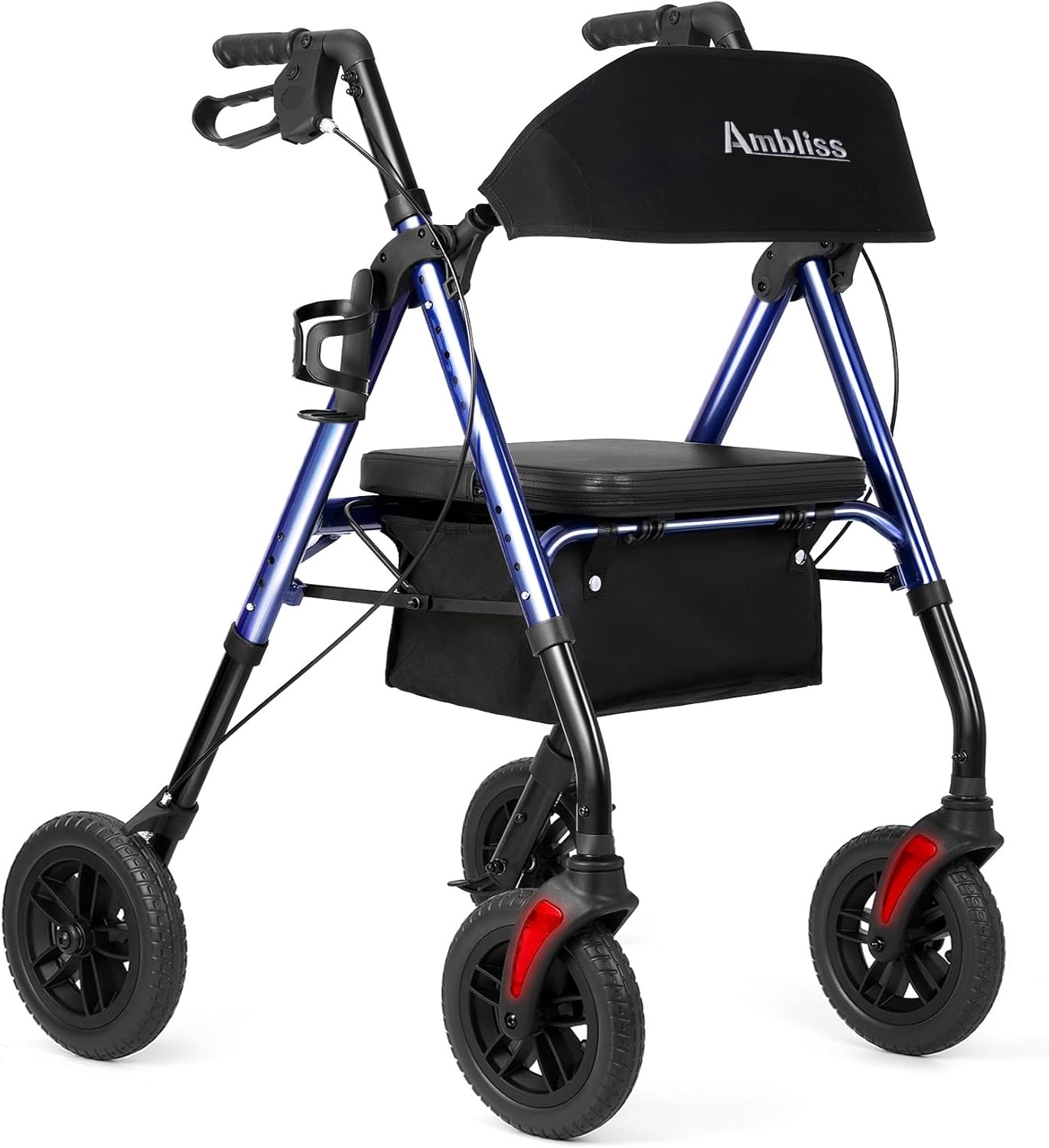 Ambliss Walkers for Seniors with Seat, Foldable Rollator Walkers, 300 lbs Weight Capacity, 8″ Wheels Dual Height Ajustable, Rolling Walker with Seat for All-Terrain, Dark Blue
