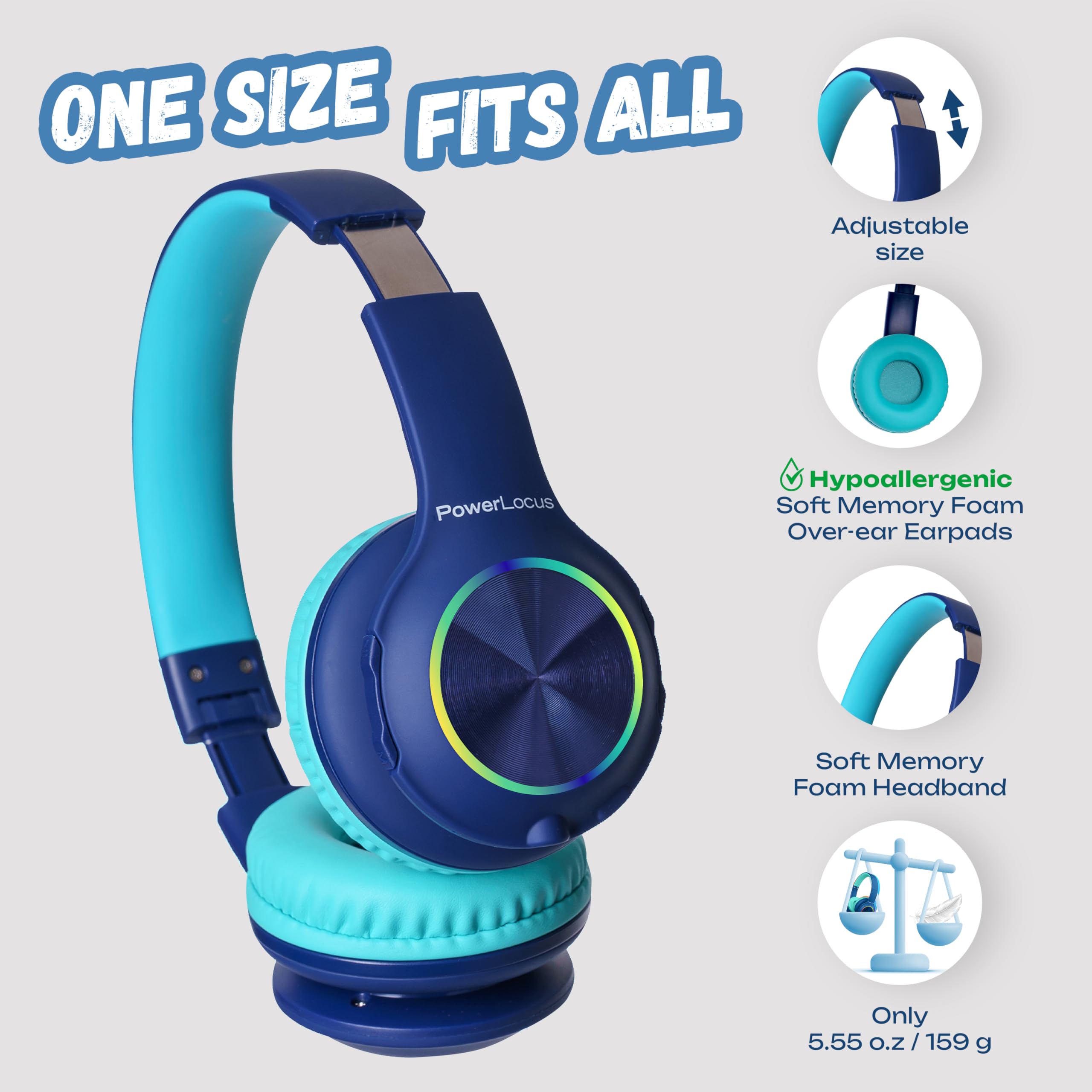 PowerLocus Cuffie Bluetooth pieghevoli senza fili per bambini con luci LED, HD Stereo, USB-C Ricarica Rapida, Micro integrato, SD Modalità e cablata per iPhone/Tablet/TV