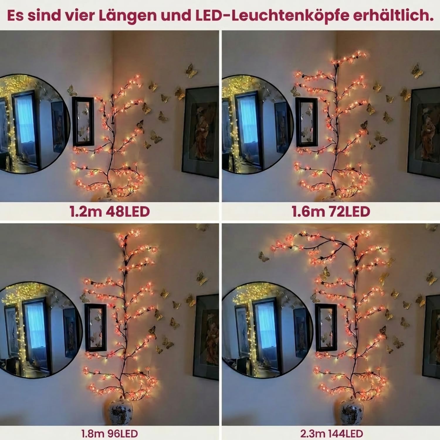 Gresonic Guirlande lumineuse solaire à LED décorative en fleurs de cerisier, Willow Vin, minuterie USB, branches de fleurs de cerisier (144 LED)