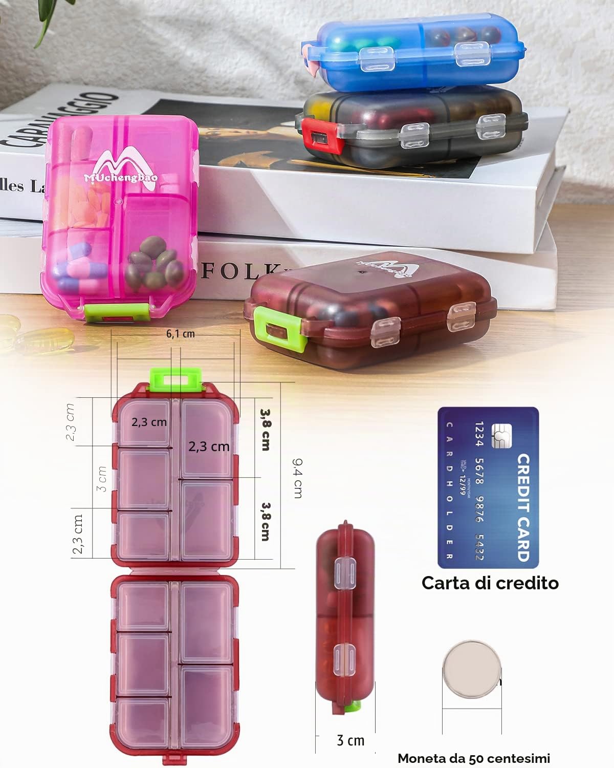 M MUchengbao 4PS organizzatore di pillole da viaggio, 10 scomparti portatile, scatola pieghevole per farmaci quotidiani
