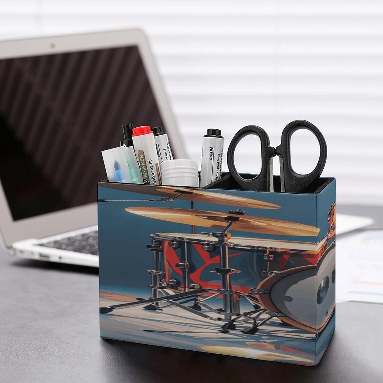 Cool Drum Set Pen Holder for Desk Small Remote Control Holder Pencil Cup Pen Cup Accessories Container Box PU Leather Pens Pot Multifunctional Organizer Caddy image 5