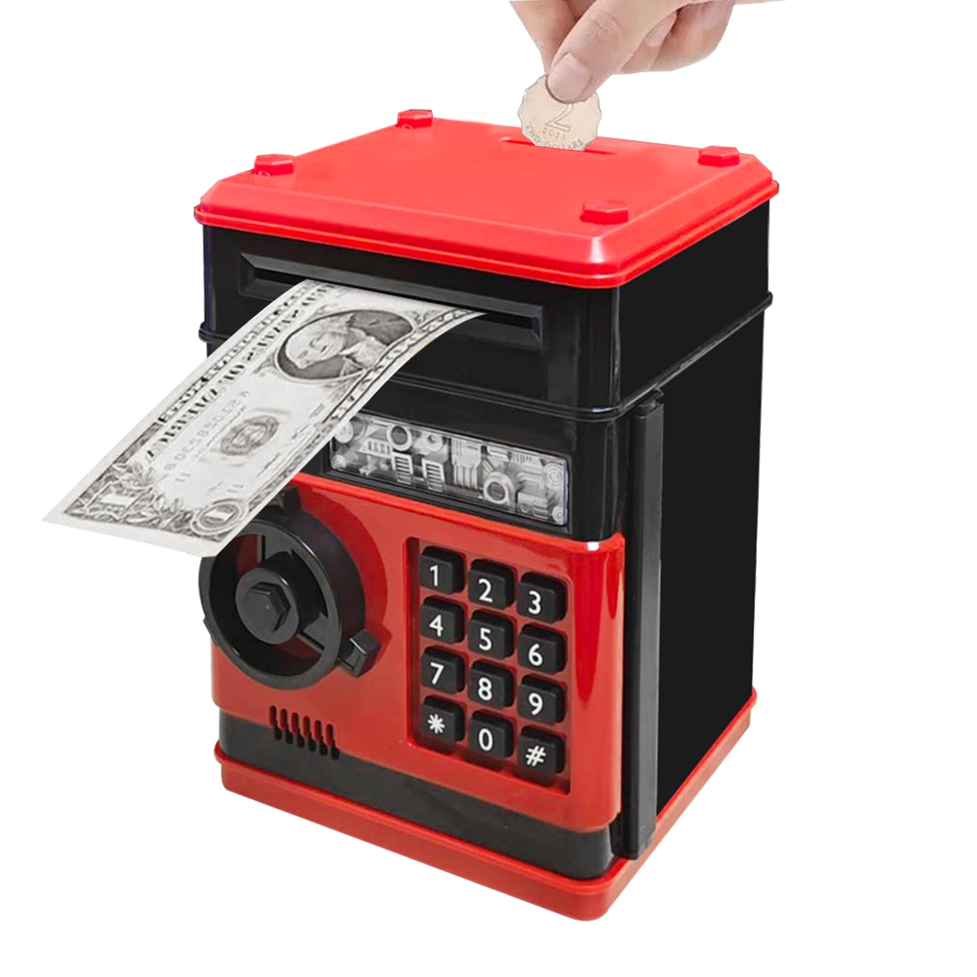 Piggy Bank Electronic Mini ATM for Kids Baby Toy, Safe Coin Banks Money Saving Box Password Code Lock for Children,Boys Girls Best Gift (Black Red)