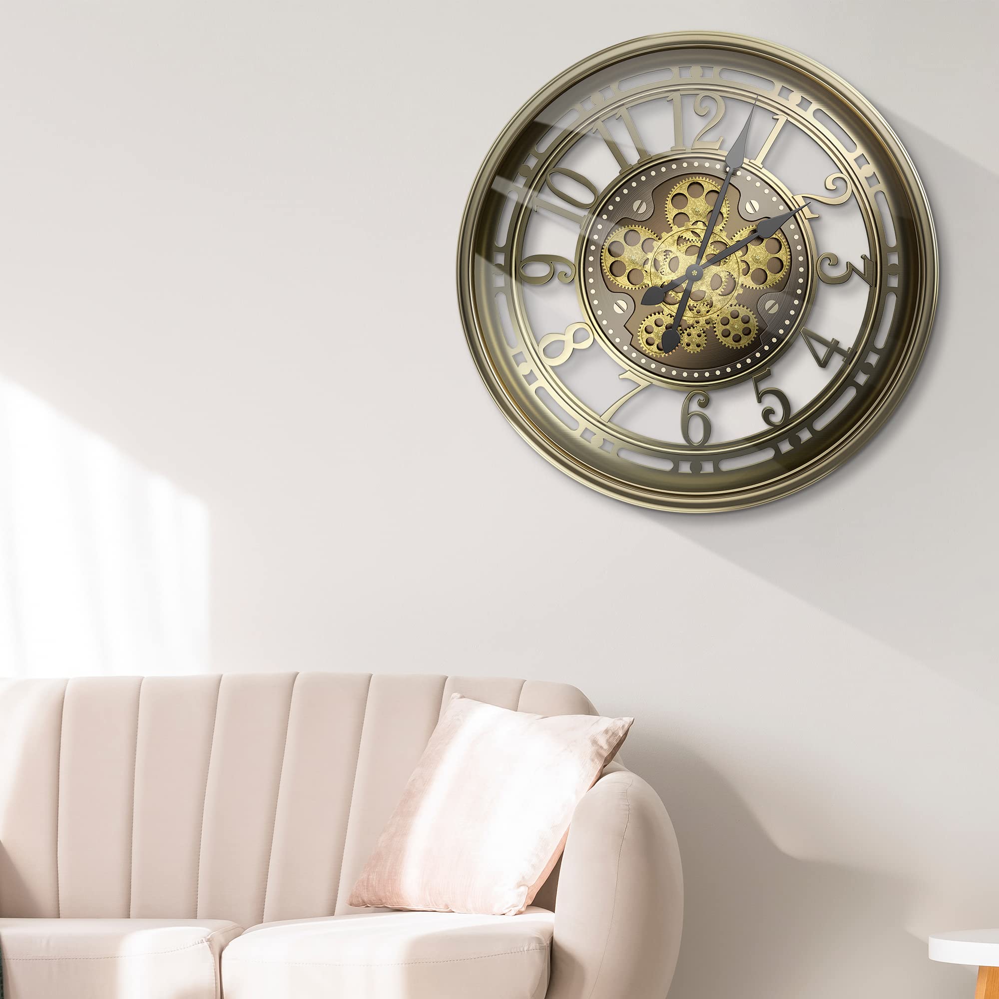 Reloj de pared grande de 53 cm con engranaje móvil, vintage, retro, industrial, metal, números romanos para habitaciones, hogar, cocina, dormitorio, oficina, escuela (bronce retro)