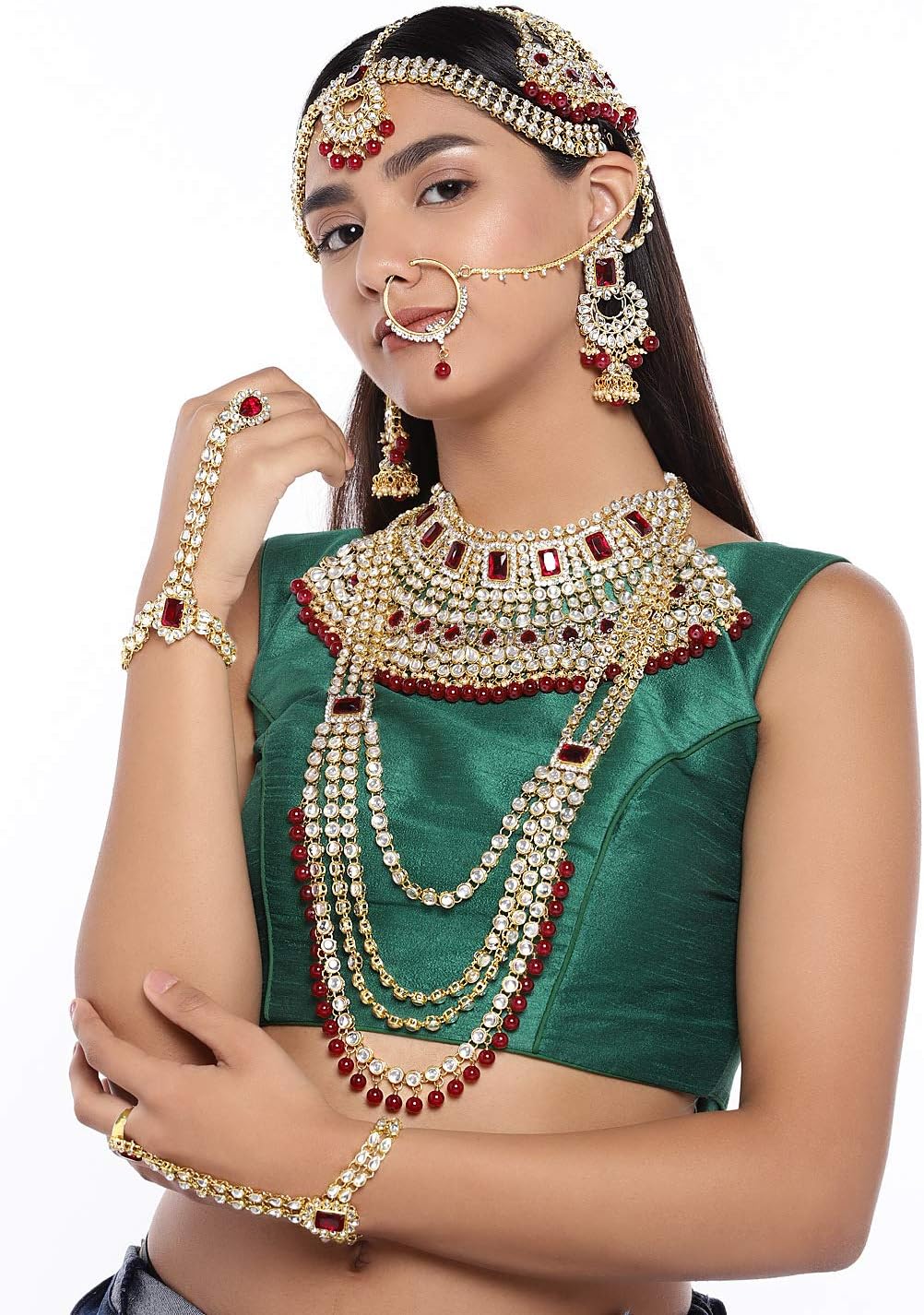 Aheli Traditional Wedding Indian Bharatanatyam jewellery set Long Choker Necklace Earrings Maang Tikka Nath Paasa Hath Phool Gift for Women - Image 3