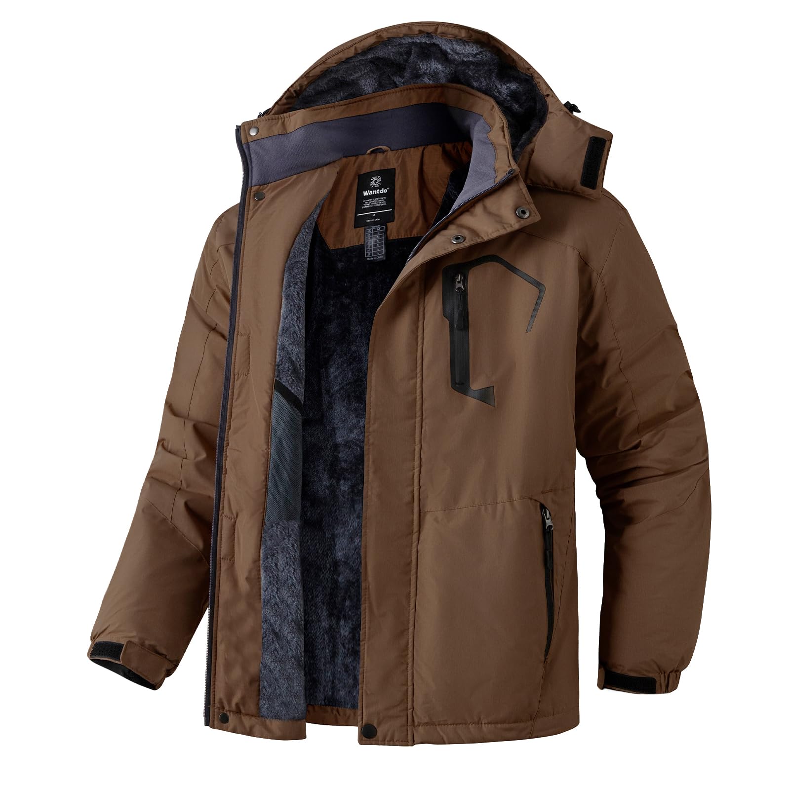 Wantdo Giacca da Sci Montagna Calda Invernale Parka da Neve Imbottita Cappotto da Snowboard in Pile Giubbotto con Cappuccio Impermeabile Uomo