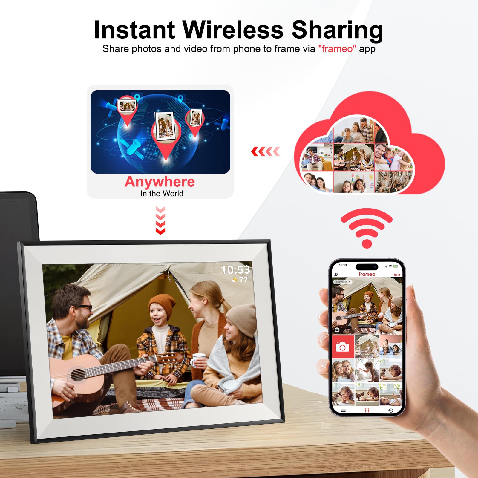Hesmor 64 Go Cadre Photo numérique Frameo WiFi 10,1", écran Tactile LCD IPS 1280 x 800, Rotation Automatique et Audio, Partage de Photos ou de vidéos Via l'application Frameo n'importe où