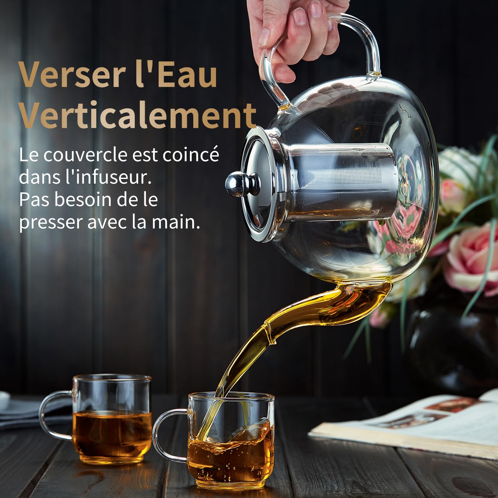 MESNEY Théière en verre de 1200 ml avec infuseur - Passe au four à thé en borosilicate résistant à la chaleur pour thé en vrac, passe au micro-ondes et au lave-vaisselle