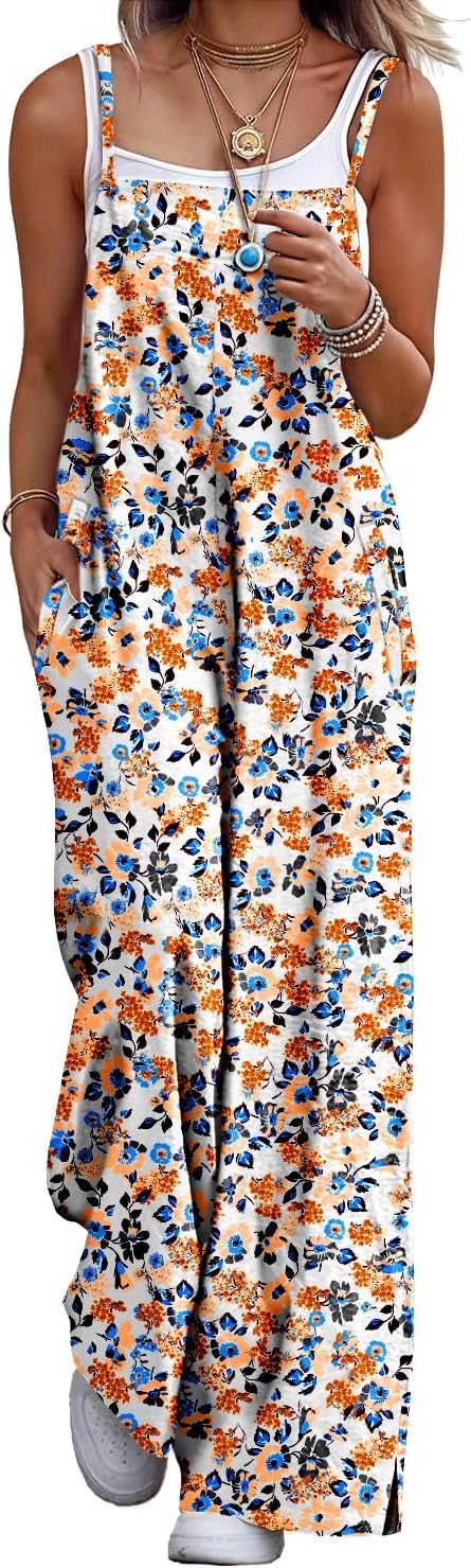 Women's Summer Boho Cotton Casual Jumpsuits Wide Leg Overalls Floral Print Baggy Rompers with Pockets PZZCR
