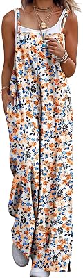 YESNO Women's Summer Boho Cotton Casual Jumpsuits Wide Leg Overalls Floral Print Baggy Rompers with Pockets PZZCR