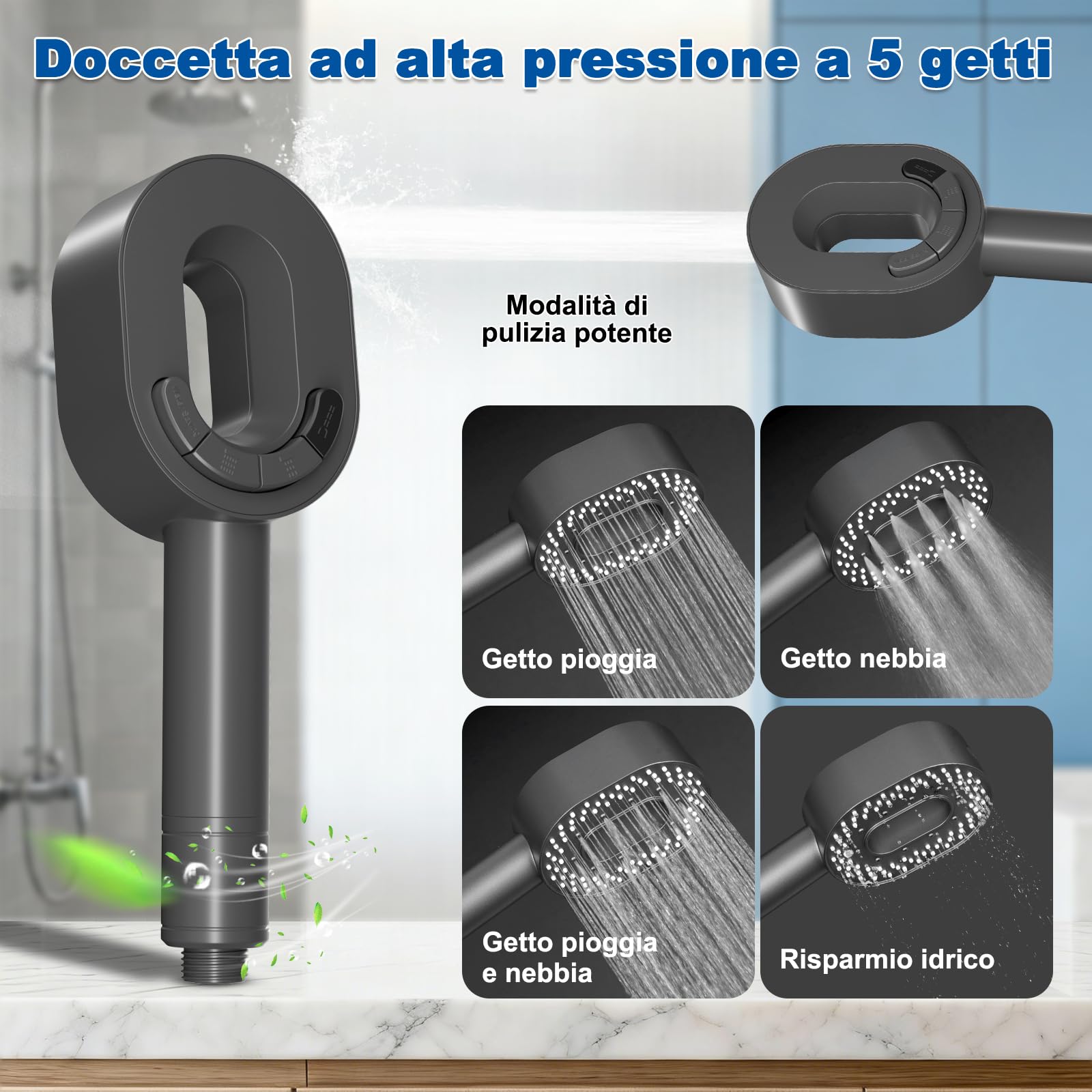 Hibbent Soffione doccia con tubo da 1,5 m e filtro a 20 livelli, soffione doccia ad alta pressione con funzione di arresto per acqua dura, 5 tipi di getto, doccetta contro calcare e cloro – grigio