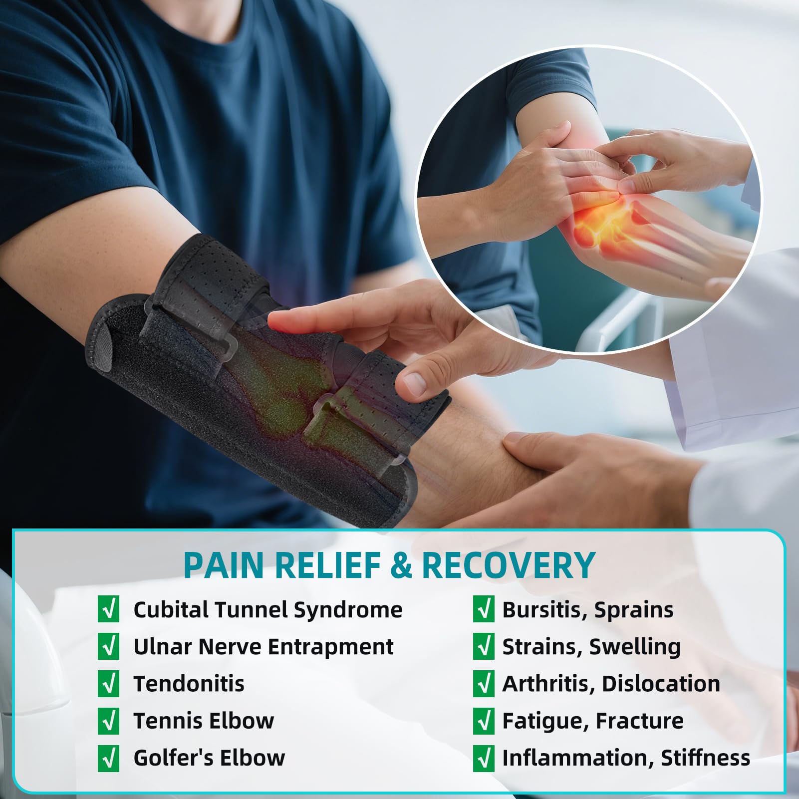 DR. GINTOP Elbow Brace for Ulnar Nerve Entrapment, Adjustable Elbow Splint w/ 4 Removable Metal Support for Cubital Tunnel, Tendonitis, Golfer's Tennis Elbow, Bursitis, Sprain, Strain, Arthritis Right