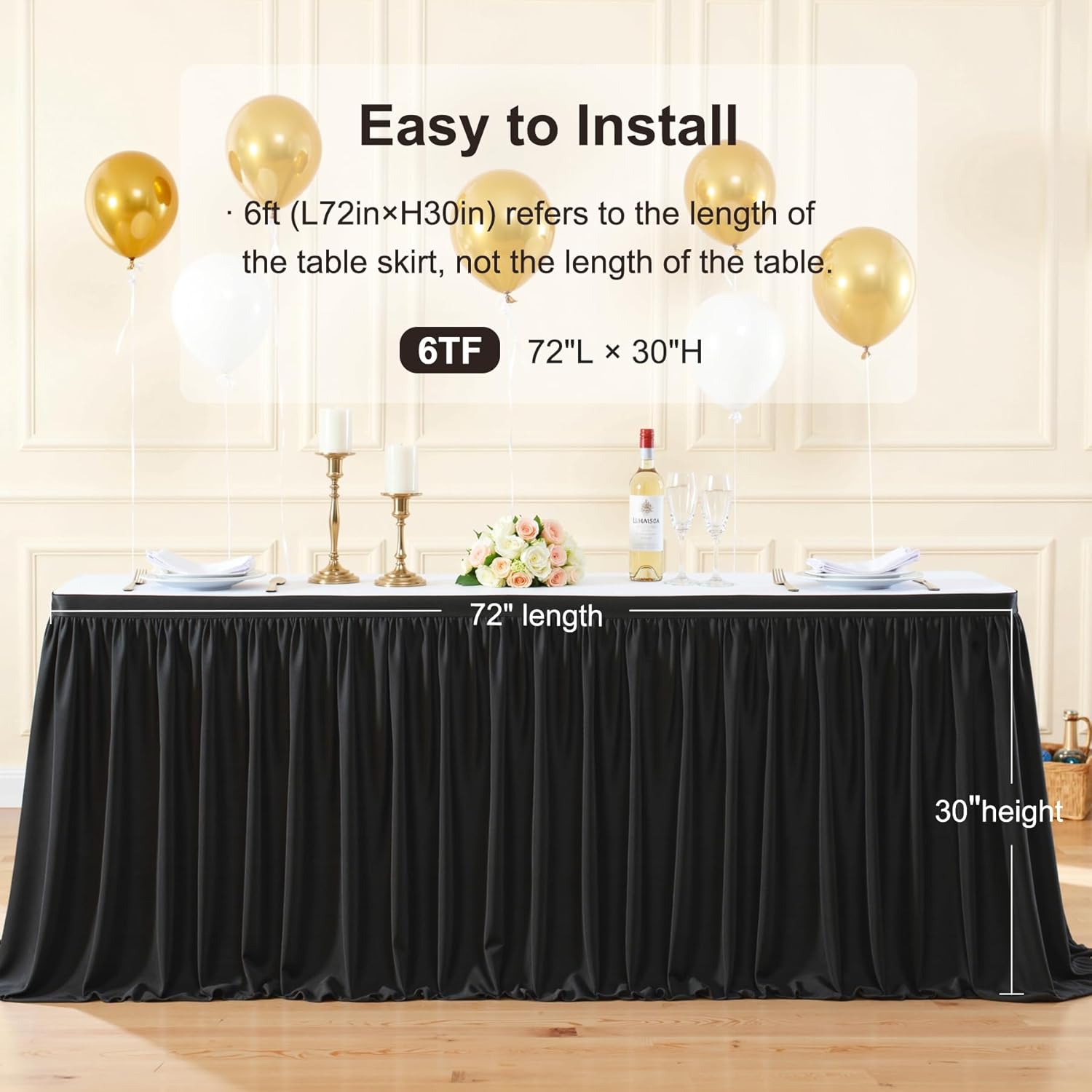 Black Table Skirt for Rectangle Tables 6ft Desk Skirt for Teacher Desk Classroom Ruffle Polyester Fabric Desk Skirts for Bridal Baby Shower Birthday Party Graduation Banquet Wedding, 6Pack