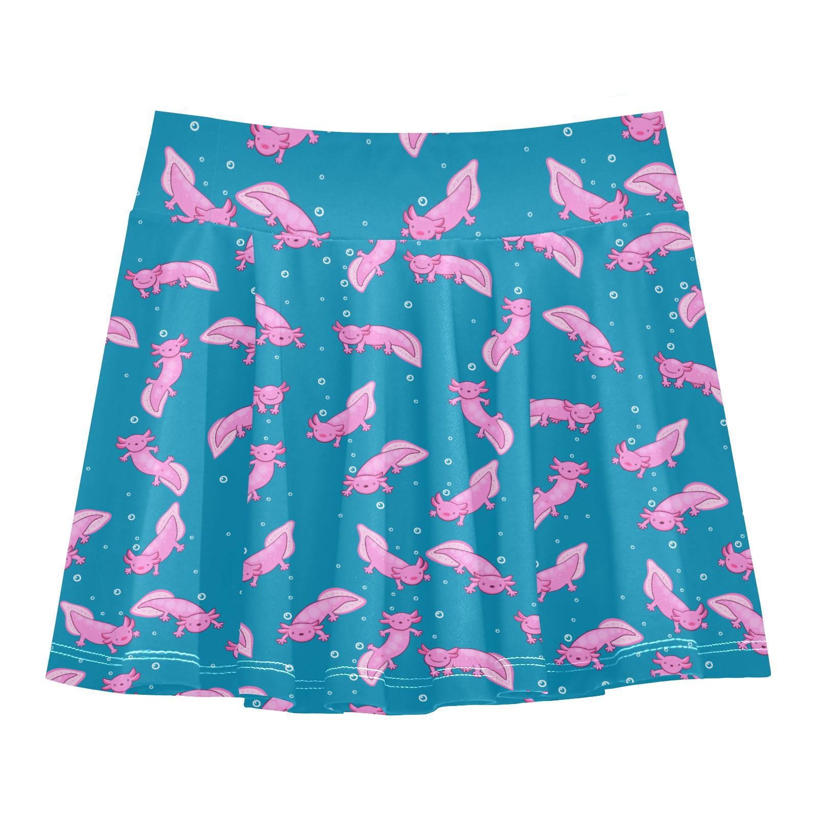 Aflyko Girls Pleated Skater Skirt Axolotl Wildlife Cartoon Pinks High Waist Cheerleading Dress Dance Skort with Lining Shorts Weekend Date Outfit Short Bottoms, 9-10Y