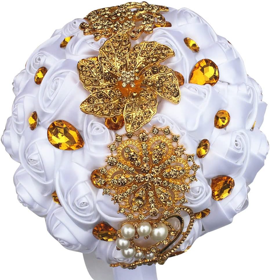 Sharebeauty 7.1 Inch Handmade Satin Rose Bridal Bouquet Toss Round Wedding Bouquet Throw Toss Artificial Flower Bunch Pale Gold + Ivory + Navy