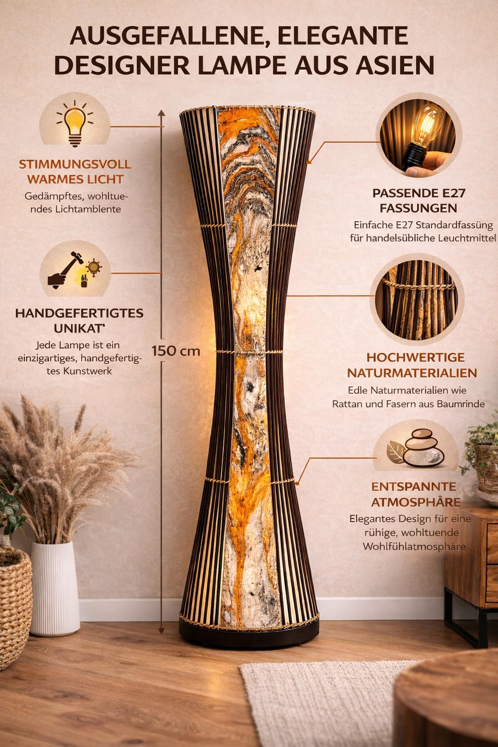 Mienloco Asiatische Stehleuchte 150cm Designer Stehlampe Naturlampe Leuchten Bali Deko (L8)