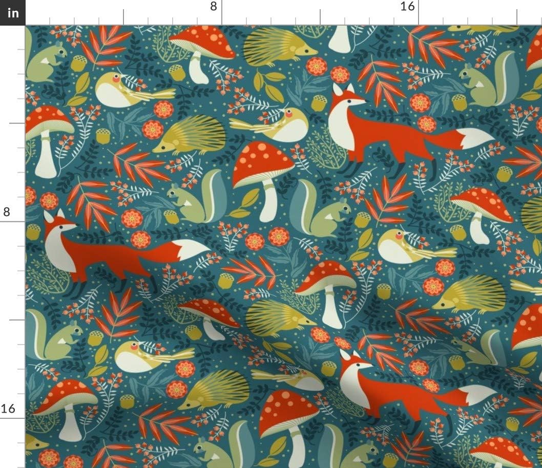 Spoonflower Fabric - Woodland Fox Mushroom Squirrel Hedgehog Green Orange Red Whimsical Printed on Petal Signature Cotton Fabric by The Yard - Sewing Quilting Apparel Crafts Decor