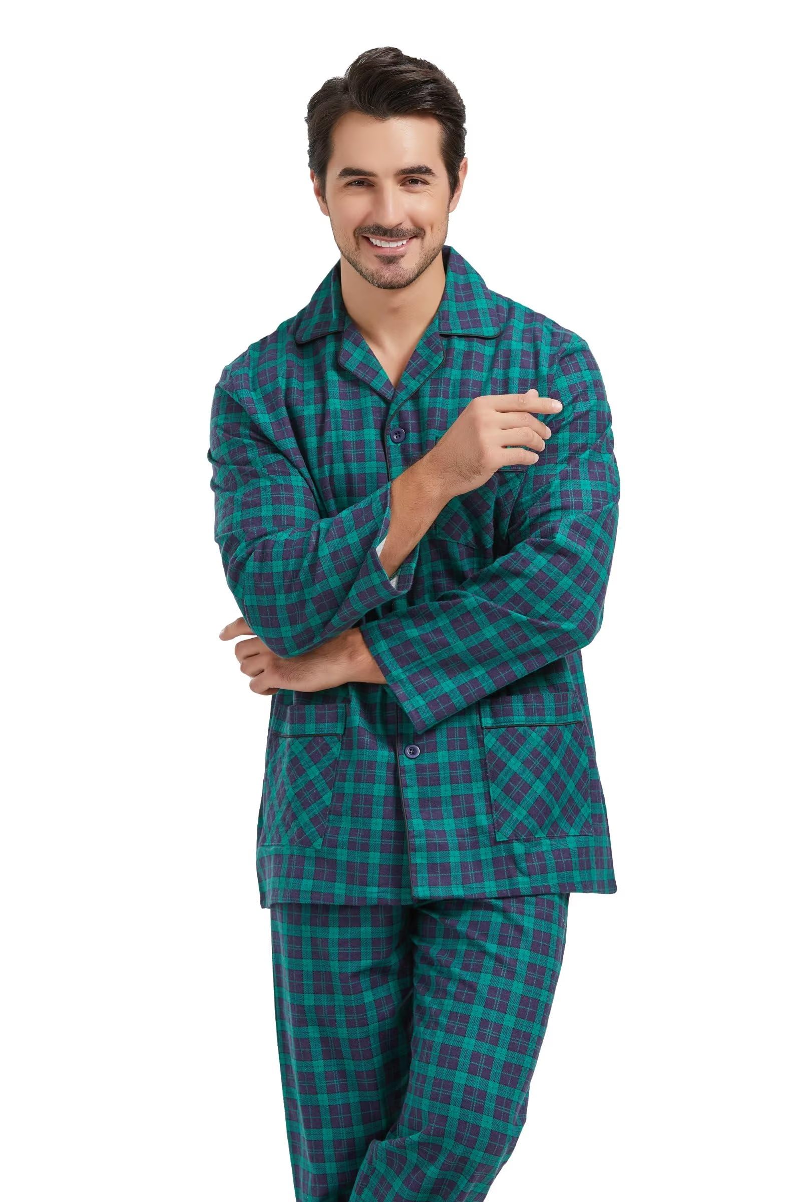 Amaxer Pigiama Cotone Uomo Lungo 100% Flanella Invernale Indumenti da Notte Top a Manica Lunga con Tasche Pantaloni con Coulisse