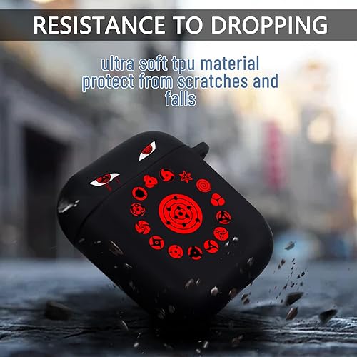 Miniatura 4 de Funda de anime japonés para AirPods 12 con llavero diseño de ojos rojos fríos suave TPU protector a prueba de golpes para niños niñas adolescentes y