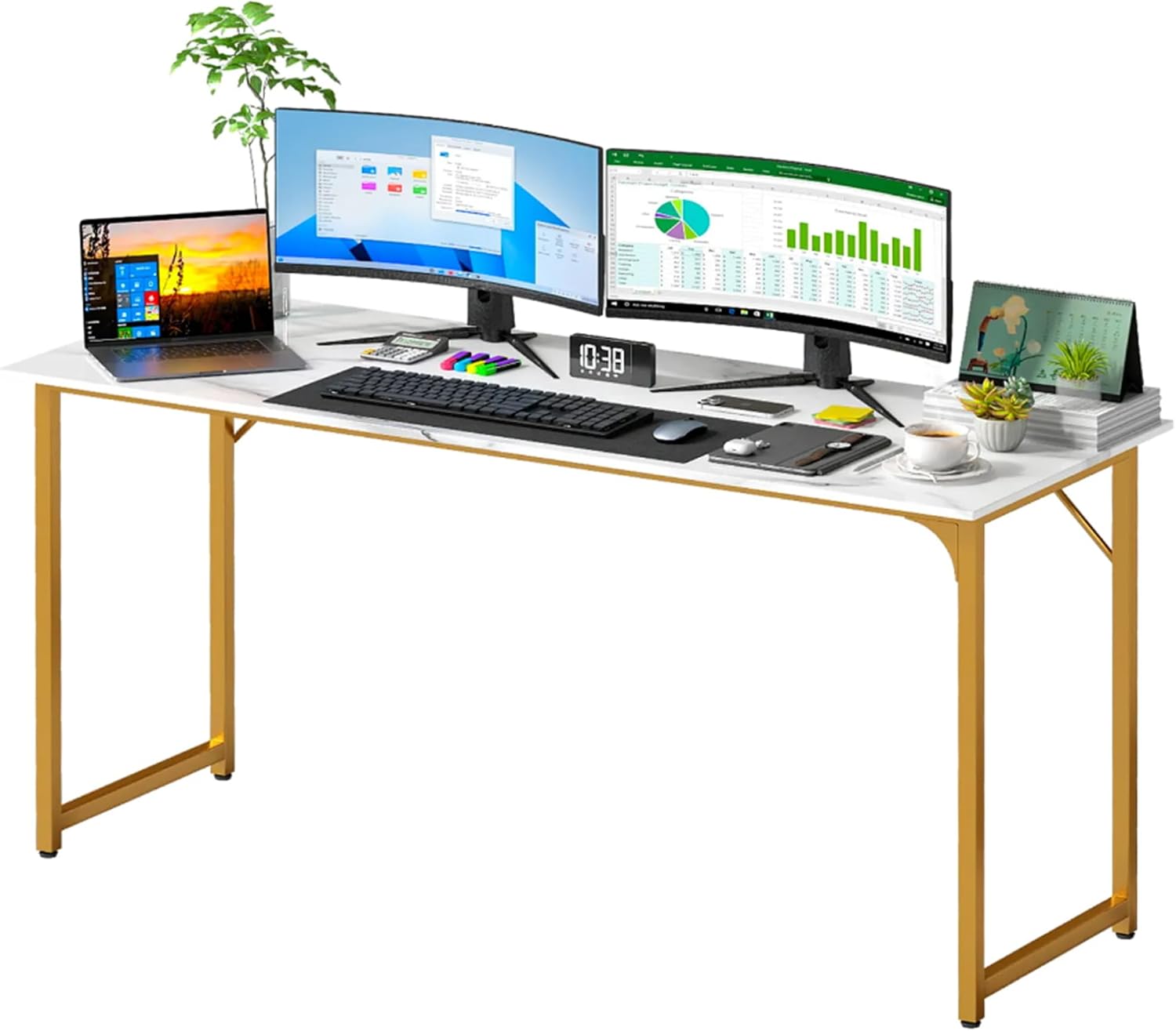 63 Inch Computer Desk, Sturdy Home Office Desk with Metal Frame, Large Legroom, Modern Simple Working Desk for Office, Gaming, Studio, Gold