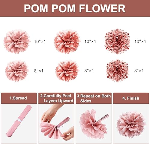 Miniatura 6 de Juego de decoraciones de fiesta de oro rosa, pancarta de feliz cumpleaños con purpurina de oro rosa, remolinos de aluminio, pompones de papel de