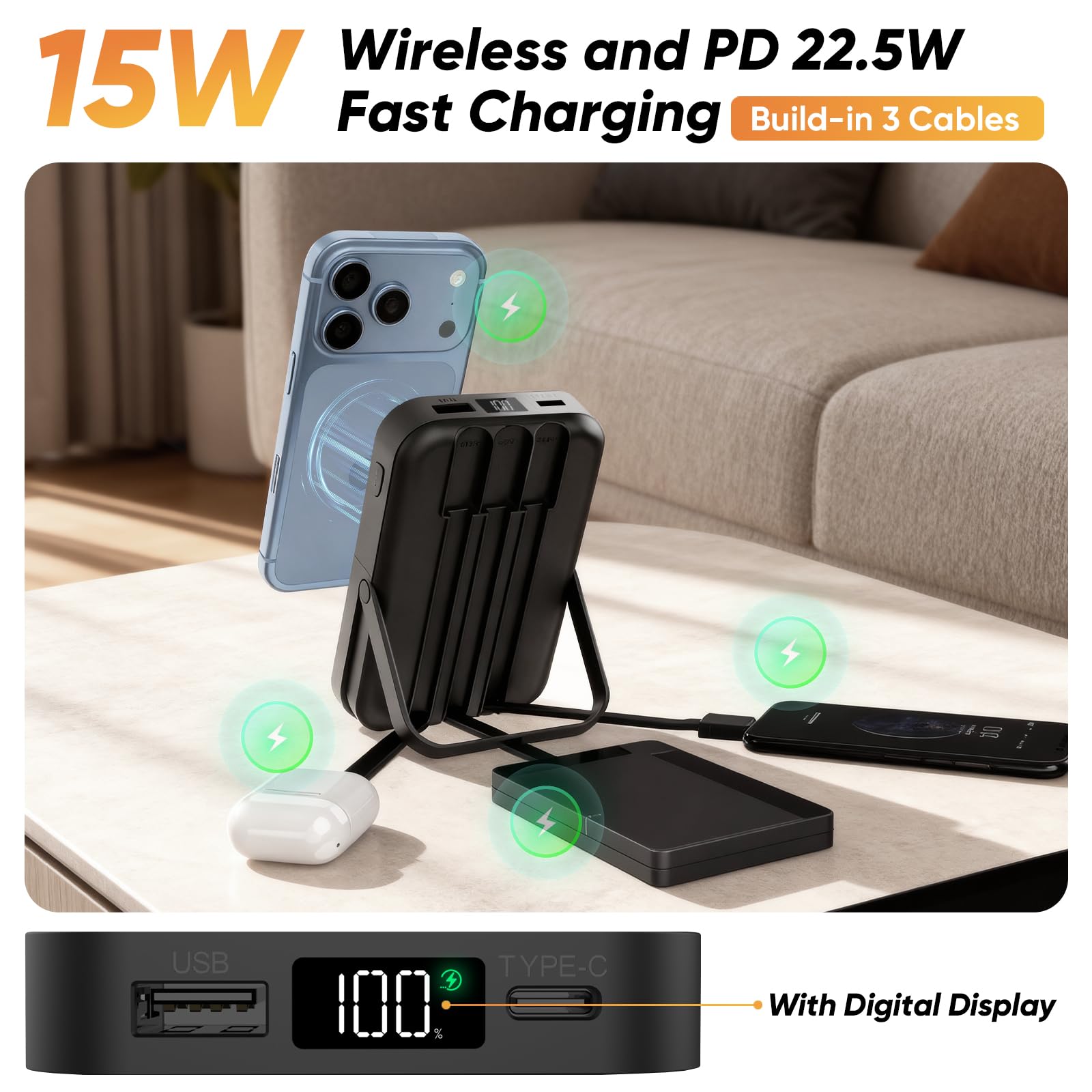 Batería externa de 10000 mAh compatible con MagSafe, cargador portátil magnético con pantalla digital, carga rápida inalámbrica de 15 W, 3 cables integrados, soporte plegable compatible con iPhone 16