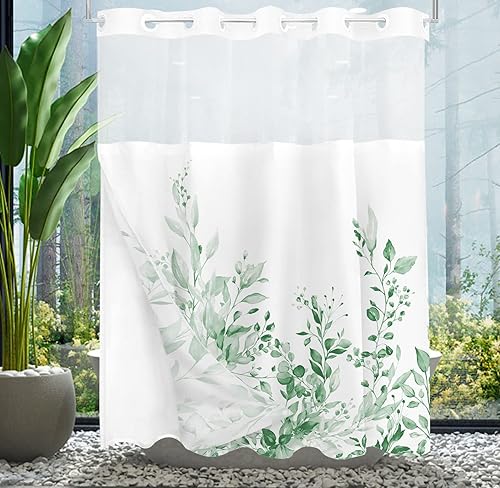 Vista 468 de Tititex - Juego de cortinas de ducha de eucalipto verde oliva, hojas de acuarela en la parte superior con decoración floral de baño, 60 x 72 Hojas