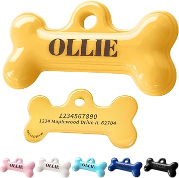 3D Porcelain Bone-Shaped Dog Tags Personalized, Engraved Pet ID Tags for Dogs & Cats, Durable, Scratch-Resistant Custom Dog Name Tags for Small & Large Pets, Yellow