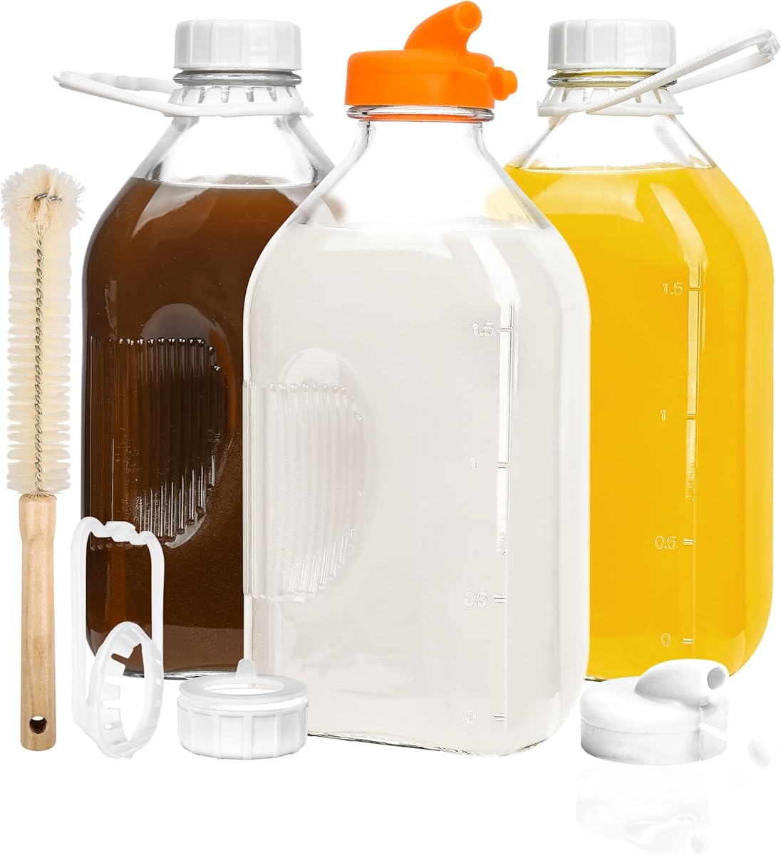 KMIGRUAN 64oz Heavy Duty Glass Milk Bottle with Handle and Airtight Reusable Lids,3Pack Glass Milk Container for Refrigerator,Juice Jugs With 2 Exact Scale Lines