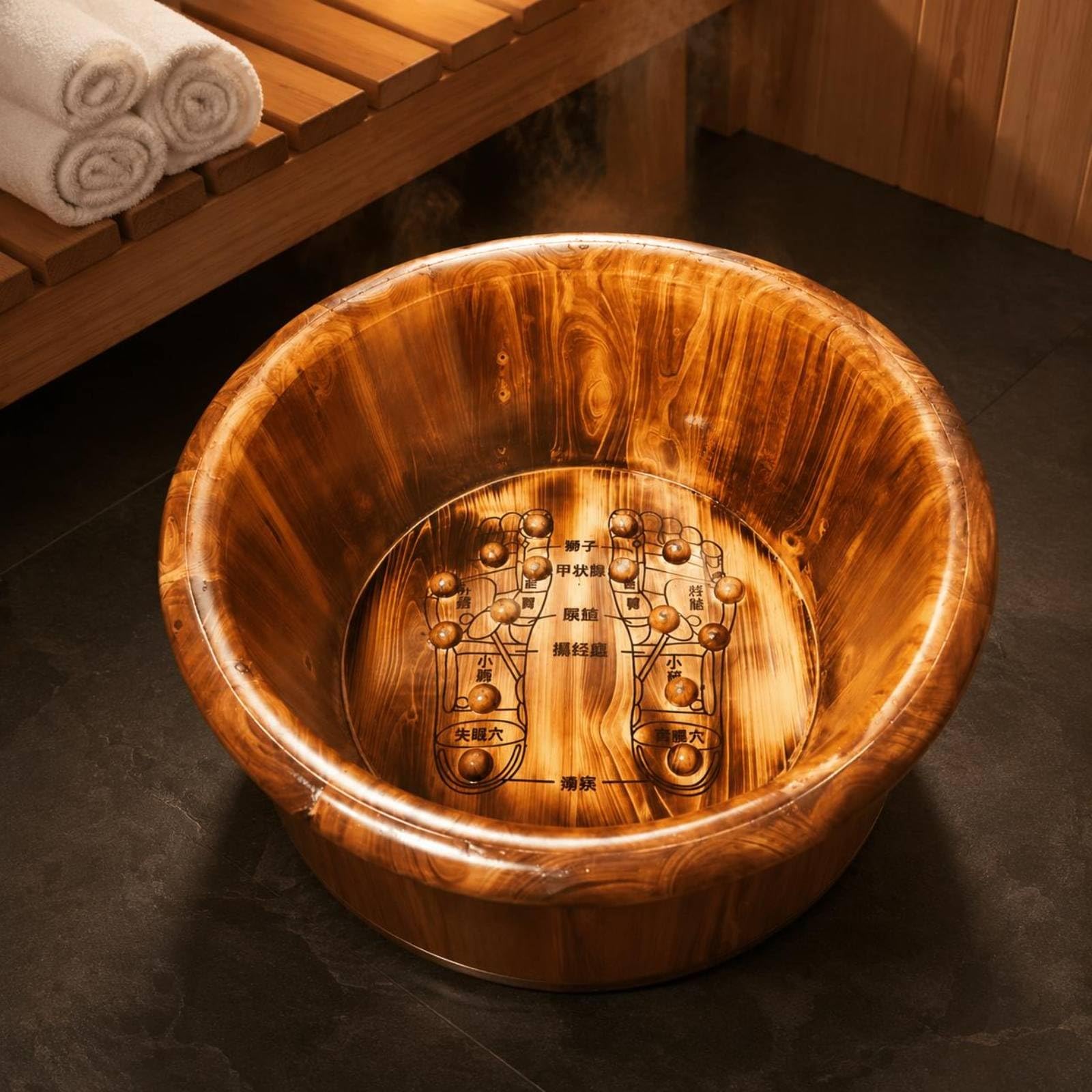 Vasca per Pediluvio in Legno Carbonizzato con Design Profondo per Ammollo Quotidiano dei Piedi Adatta per Sauna E, Carbonizzato Con Punti Di Agopuntura, 26 Cm Di Altezza, Bordo Arrotondato