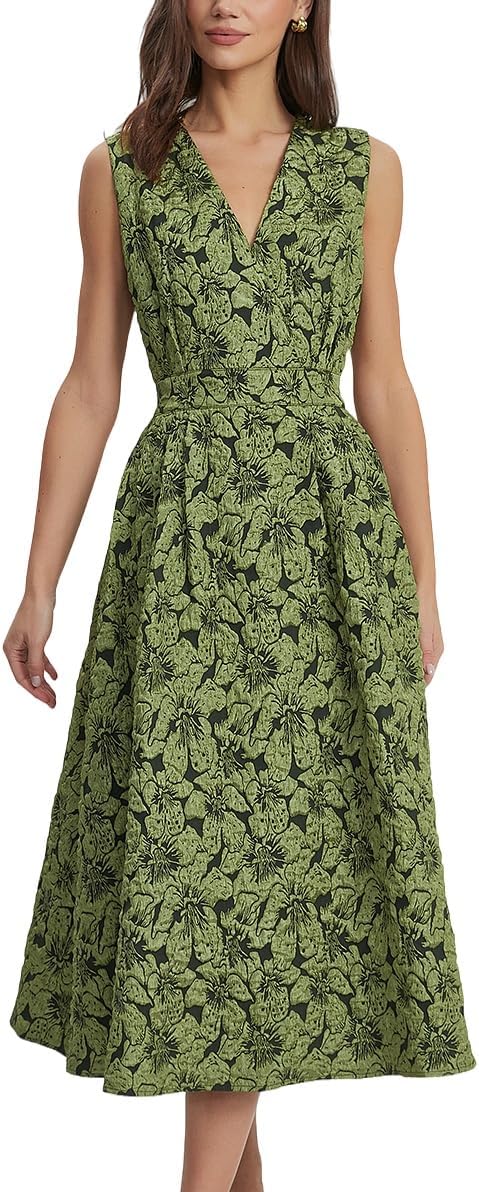 Ladyful Sleeveless Floral Jacquard Dress for Women Summer V Neck Midi Dress Elegant A Line Party Dresses with Pockets