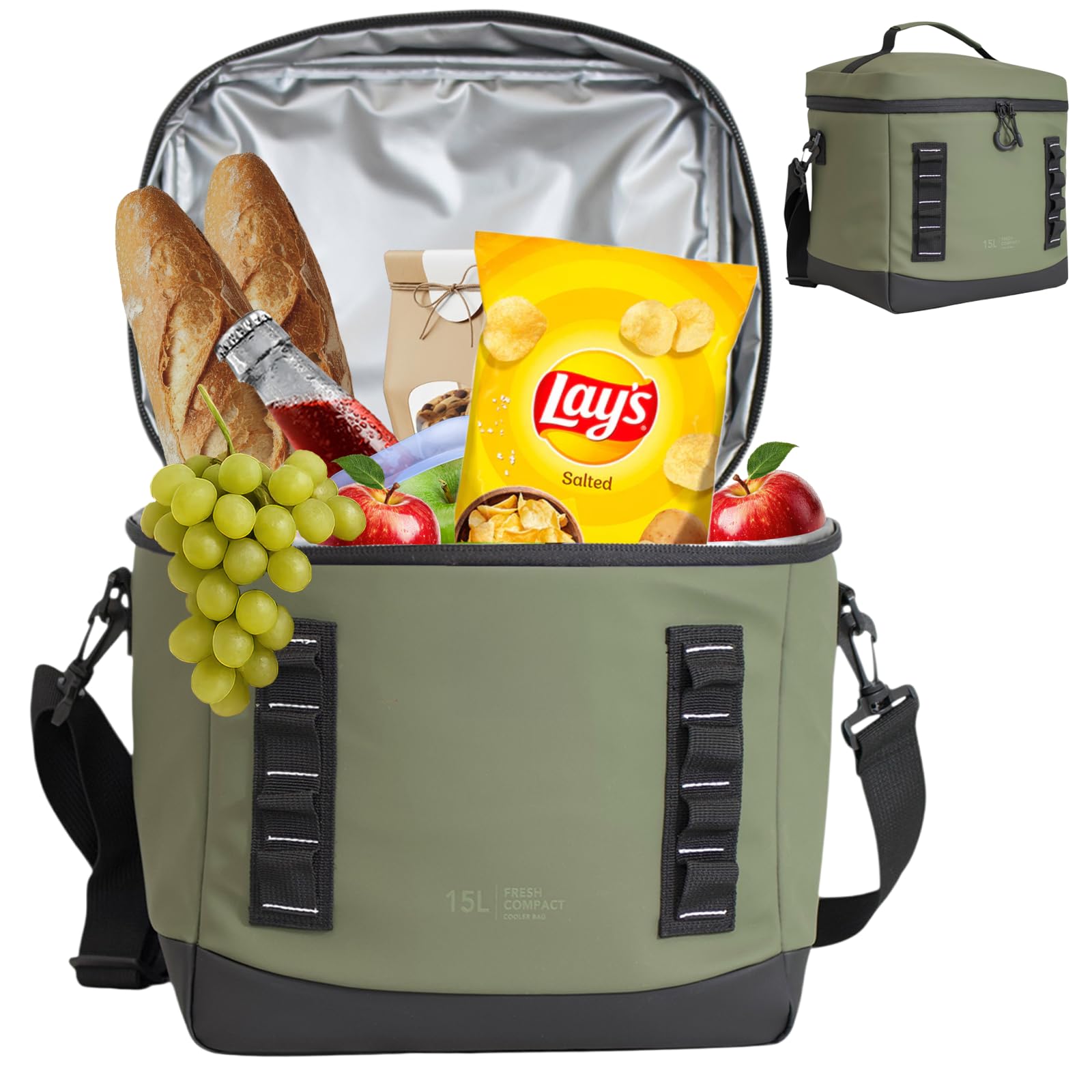 Bordlite 15L Insulated Cooler Bag Khaki – Leakproof Large Lunch Bag with Waterproof Lining, Thermal Insulation, Adjustable Shoulder Strap, Picnic Travel Cooler for Food & Drinks