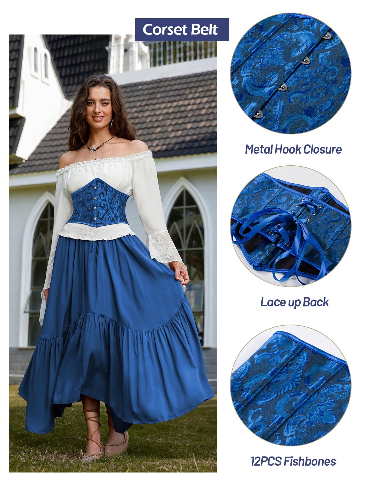 Scarlet Darkness Corset Belt for Women Fishbone Wide Waist Corset Pirate Belt: Blue Jacquard 6