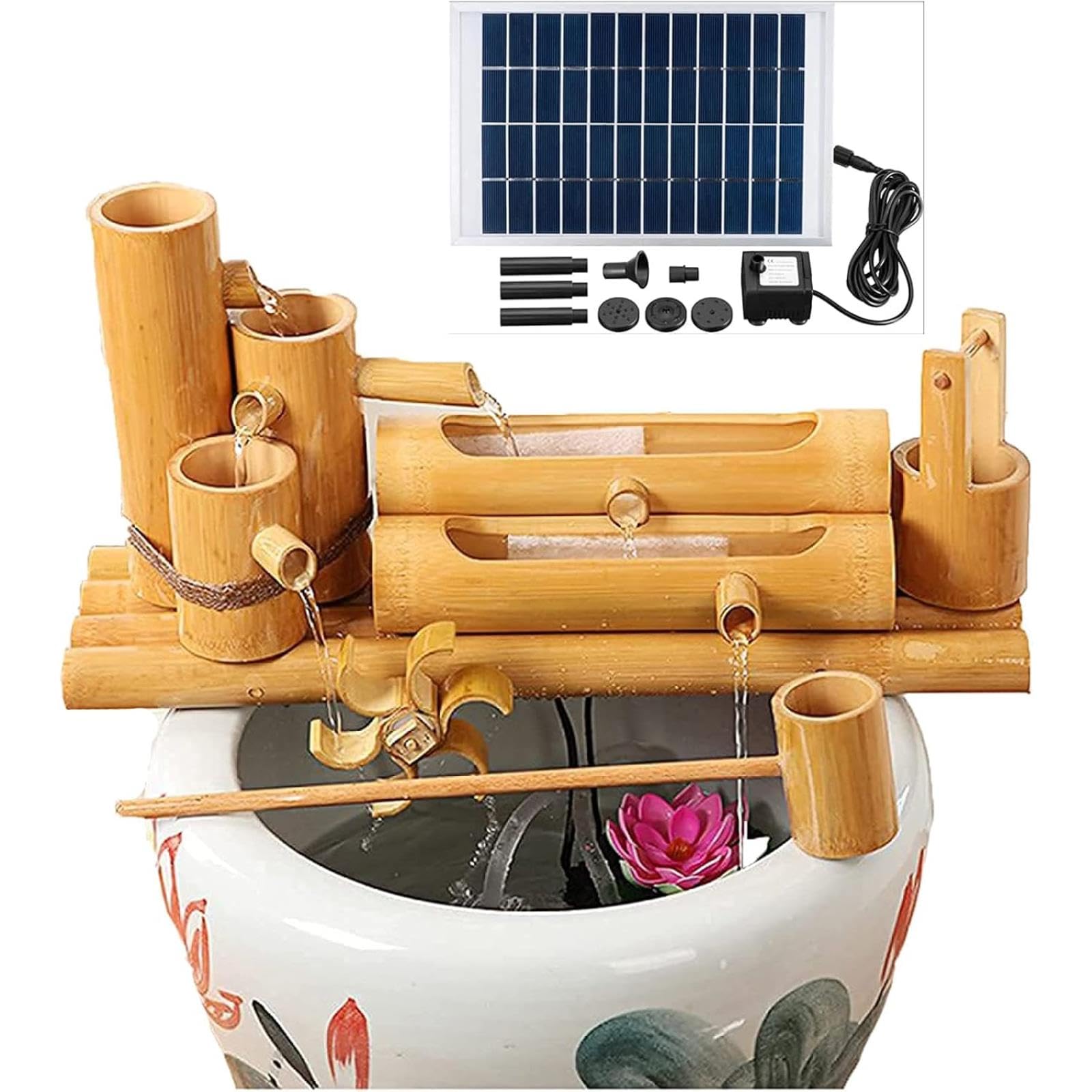 asdchZen Solar Water Fountain, Outdoor Water Fountain With Water Pump, Feng Shui Zen Bamboo Fountain, Japanese Garden Decoration, For Bird Bath, Pond, Fish Tank, 19.7In,23.6in