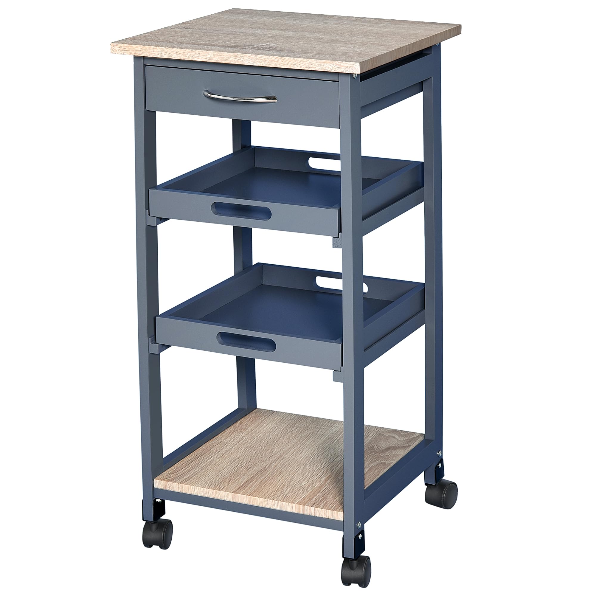HOMCOM Carrello da Cucina con Cassetto, 2 Vassoi Estraibili e Ripiano Fisso, Carrello Portaoggetti in Legno di Pino e MDF, 37x37x76 cm, Grigio e Rovere