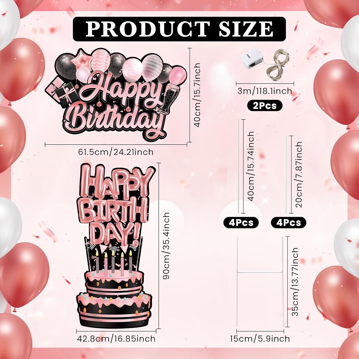 2 Pack Birthday Yard Signs with LED String Light Rose Gold Happy Birthday Yard Signs with Stakes Birthday Cake Waterproof Lawn Sign Birthday Balloons Outdoor Birthday Party Decoration Supplies