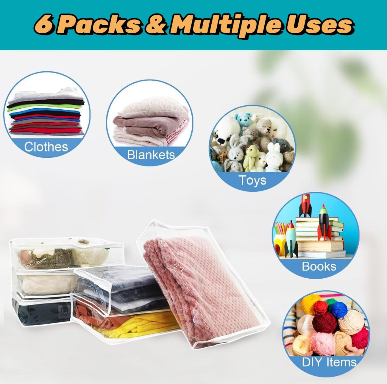 Hoolerry 6 sacchetti trasparenti con cerniera per maglioni, in plastica PVC, per coperte, vestiti, armadi, trapunte, cuscini, lenzuola, organizer con cerniera ed etichetta (36,5 x 30,5 x 8,1 cm