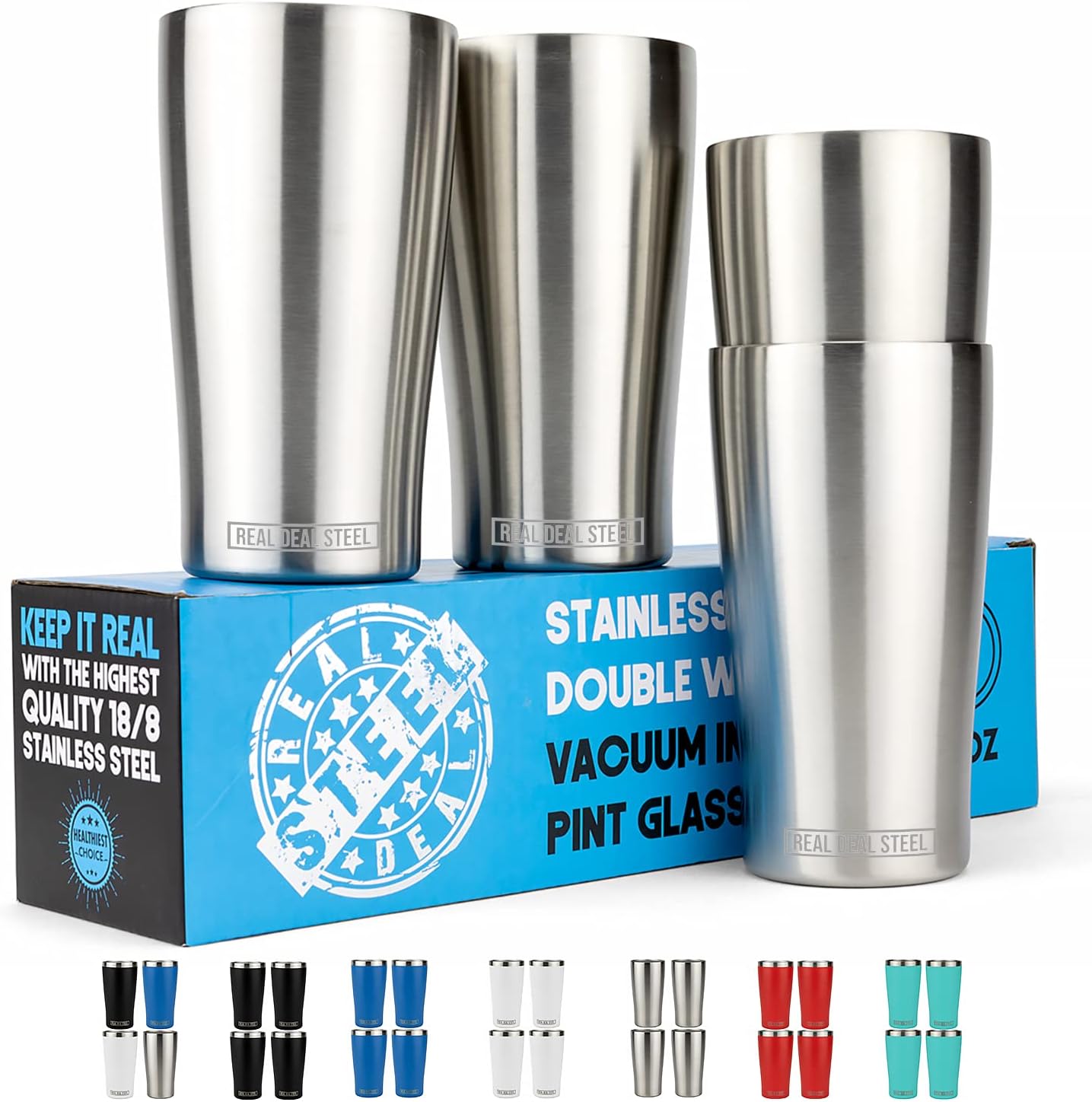 Stainless Steel Vacuum Insulated Pint Glasses - Set of 4 Pint Cups for Outdoors